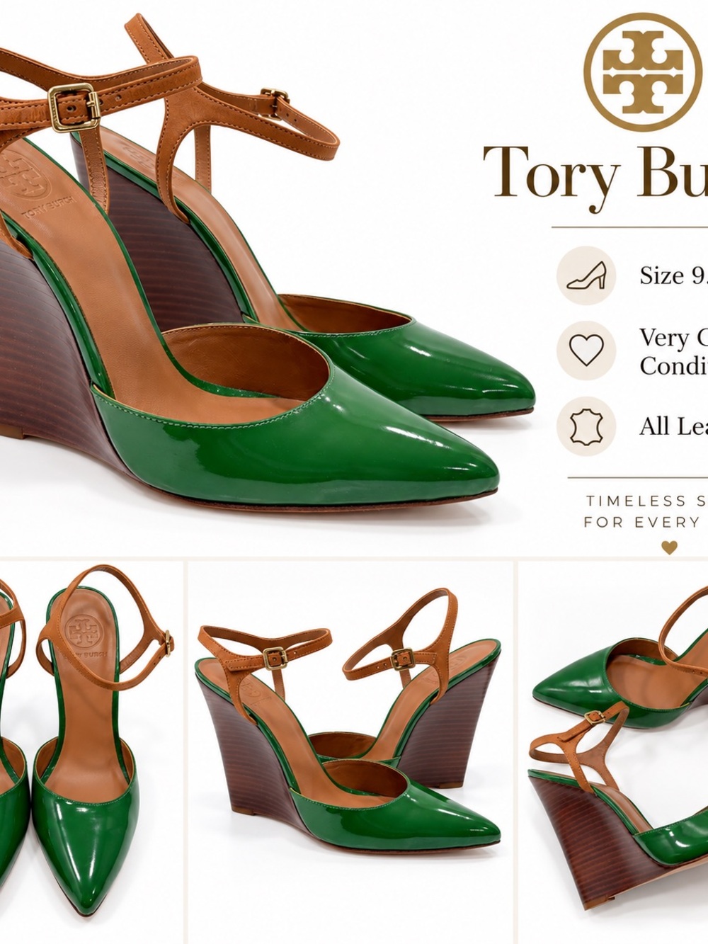 Tory Burch Green Patent Leather Wedges with Tan Ankle Straps size 9.5 M